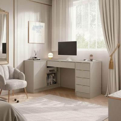 Tireno Corner Desk Sand Beige Fluted Fronts Modern Home Office Desk For Study And Teen Room Functional Storage Space - image 1