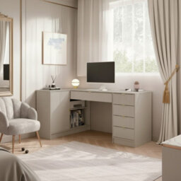 Tireno Corner Desk Sand Beige Fluted Fronts Modern Home Office Desk For Study And Teen Room Functional Storage Space