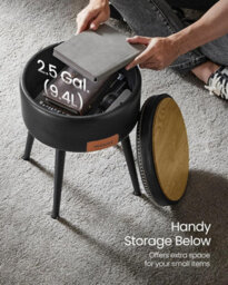Songmics Storage Ottoman, Dressing Table Stool, Synthetic Leather, Mid-Century Modern, Round Storage Stool Seat, Ink Black - thumbnail 7