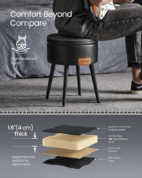 Songmics Storage Ottoman, Dressing Table Stool, Synthetic Leather, Mid-Century Modern, Round Storage Stool Seat, Ink Black - thumbnail 5