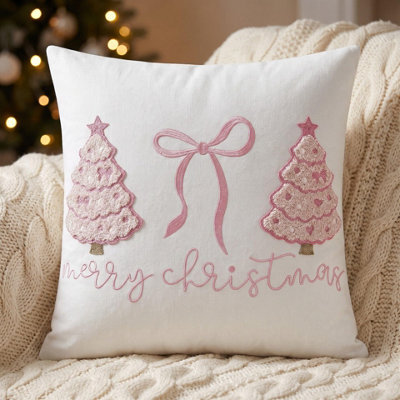 Amorly 45X45Cm Pink Christmas Tree Bow Cushion Cover, Merry Christmas Pillow Cover, Festive Decorative Pillow Case For Sofa Couch Bedroom - image 1