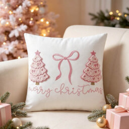 Amorly 45X45Cm Pink Christmas Tree Bow Cushion Cover, Merry Christmas Pillow Cover, Festive Decorative Pillow Case For Sofa Couch Bedroom - thumbnail 5