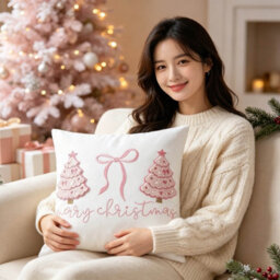 Amorly 45X45Cm Pink Christmas Tree Bow Cushion Cover, Merry Christmas Pillow Cover, Festive Decorative Pillow Case For Sofa Couch Bedroom - thumbnail 4