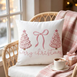 Amorly 45X45Cm Pink Christmas Tree Bow Cushion Cover, Merry Christmas Pillow Cover, Festive Decorative Pillow Case For Sofa Couch Bedroom - thumbnail 7