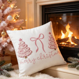 Amorly 45X45Cm Pink Christmas Tree Bow Cushion Cover, Merry Christmas Pillow Cover, Festive Decorative Pillow Case For Sofa Couch Bedroom - thumbnail 6