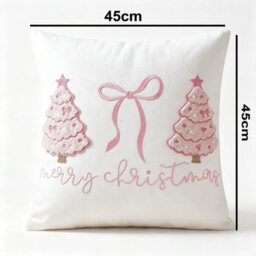 Amorly 45X45Cm Pink Christmas Tree Bow Cushion Cover, Merry Christmas Pillow Cover, Festive Decorative Pillow Case For Sofa Couch Bedroom - thumbnail 3