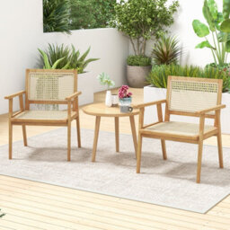 Costway Wooden Patio Chair Outdoor Dining Chair W/ Rattan Seat & Back - thumbnail 4