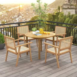 Costway Wooden Patio Chair Outdoor Dining Chair W/ Rattan Seat & Back - thumbnail 5