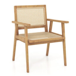 Costway Wooden Patio Chair Outdoor Dining Chair W/ Rattan Seat & Back