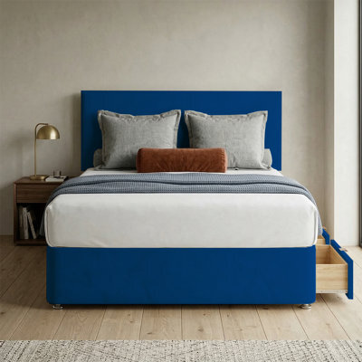 Adore Designs Victoria Plush Velvet Divan Bed, Headboard & Mattress - 5Ft Kingsize - Blue - 2 Drawers Foot End - image 1