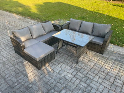 Fimous Garden Furniture Sofa Set Rectangular Dining Table Big Footstool Side Table Indoor Outdoor 7 Seater Rattan Set - image 1