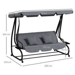 Outsunny 2-In-1 Garden Swing Chair For 3 Person W/ 2 Pillows, Dark Grey - thumbnail 3