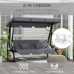 Outsunny 2-In-1 Garden Swing Chair For 3 Person W/ 2 Pillows, Dark Grey - thumbnail 4