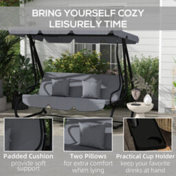 Outsunny 2-In-1 Garden Swing Chair For 3 Person W/ 2 Pillows, Dark Grey - thumbnail 7