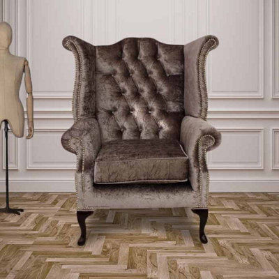 Chesterfield High Back Wing Chair Boutique Silver Real Velvet Bespoke In Queen Anne Style - image 1