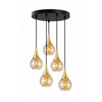Luminosa Lighting Luminosa Lacrima Cluster Pendant Ceiling Light Black, Gold Amber Glass Shade 5X E27 - image 1