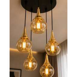 Luminosa Lighting Luminosa Lacrima Cluster Pendant Ceiling Light Black, Gold Amber Glass Shade 5X E27 - thumbnail 3
