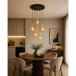 Luminosa Lighting Luminosa Lacrima Cluster Pendant Ceiling Light Black, Gold Amber Glass Shade 5X E27 - thumbnail 2