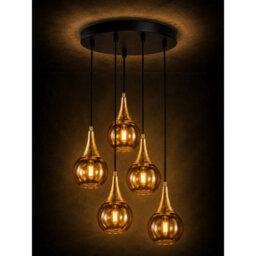 Luminosa Lighting Luminosa Lacrima Cluster Pendant Ceiling Light Black, Gold Amber Glass Shade 5X E27 - thumbnail 5