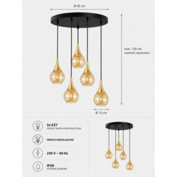Luminosa Lighting Luminosa Lacrima Cluster Pendant Ceiling Light Black, Gold Amber Glass Shade 5X E27 - thumbnail 4