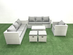 Fimous Wicker Pe Rattan Sofa Garden Furniture Set Armchair Oblong Coffee Table 2 Small Stools Light Grey - thumbnail 1