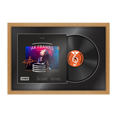 "AK Frames 25X17"" Oak Modern Vinyl Record Frame With Black Mount For 12 Inch Lp Cover & Disc - Overlapped Design" - image 1
