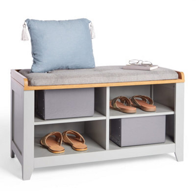 Vonhaus Shoe Storage Bench With Padded Seat, Grey Hallway Bench & 4 Open Storage Shelves For Entryway & Porch, Ash Hall - image 1