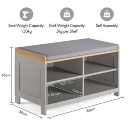 Vonhaus Shoe Storage Bench With Padded Seat, Grey Hallway Bench & 4 Open Storage Shelves For Entryway & Porch, Ash Hall - thumbnail 8
