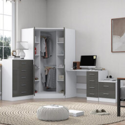 Reflect 2 Door Corner Wardrobe, 5 Drawer Chest, 2 Drawer Bedside & Desk - Grey Gloss & Matt White - Bedroom Furniture Set - thumbnail 2