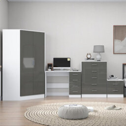 Reflect 2 Door Corner Wardrobe, 5 Drawer Chest, 2 Drawer Bedside & Desk - Grey Gloss & Matt White - Bedroom Furniture Set - thumbnail 3