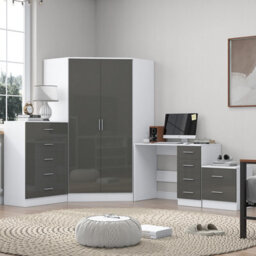 Reflect 2 Door Corner Wardrobe, 5 Drawer Chest, 2 Drawer Bedside & Desk - Grey Gloss & Matt White - Bedroom Furniture Set