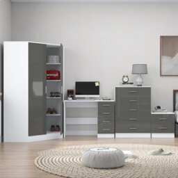Reflect 2 Door Corner Wardrobe, 5 Drawer Chest, 2 Drawer Bedside & Desk - Grey Gloss & Matt White - Bedroom Furniture Set - thumbnail 4