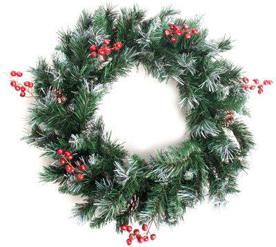 Best Artificial Deluxe Frosted Christmas Wreath With Pine Cones & Winter Red Berries - image 1