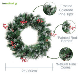 Best Artificial Deluxe Frosted Christmas Wreath With Pine Cones & Winter Red Berries - thumbnail 2