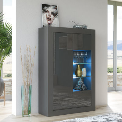 Arcadia Display Cabinet 140Cm Dark Grey With High Gloss Doors And Led Lighting - Creative Furniture - image 1