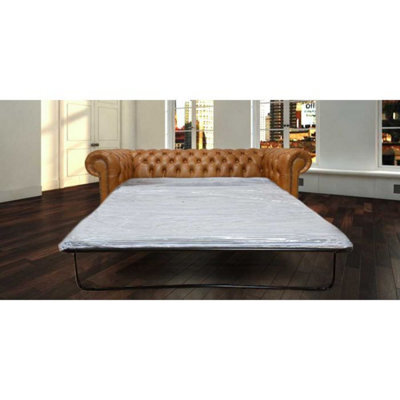 Chesterfield 3 Seater Sofabed Old English Tan Real Leather In Classic Style - image 1