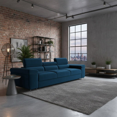 Torezio Three Seater Sofa With Adjustable Headrests For Living Room Chipboard Frame Metal Legs 263X102X70-90Cm Blue - image 1