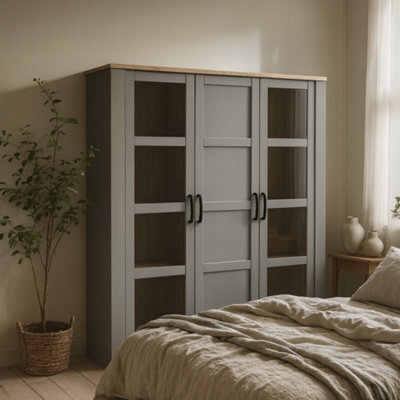 Wyld Haus Bramblecroft Large Display Cabinet In Grey With Riviera Oak Top, 3-Door - image 1