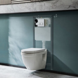 Homestylestore White Wall Hung Round Toilet Wc Tall Wall Frame And Chrome Rectangular Flush Plate - thumbnail 1