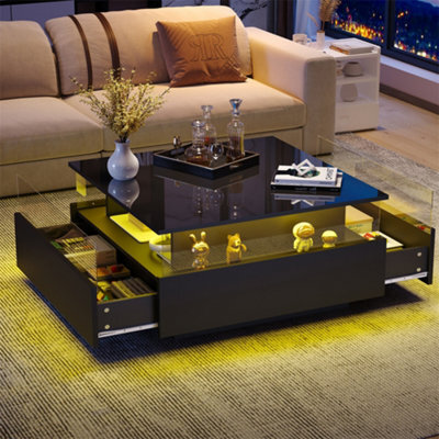 Abrihome Modern Led Coffee Table, Square Tea Table With 2 Sliding Drawers Wood Center Table Acrylic Glass Coffee Table, Black - image 1