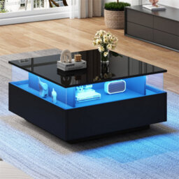 Abrihome Modern Led Coffee Table, Square Tea Table With 2 Sliding Drawers Wood Center Table Acrylic Glass Coffee Table, Black - thumbnail 9