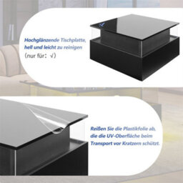Abrihome Modern Led Coffee Table, Square Tea Table With 2 Sliding Drawers Wood Center Table Acrylic Glass Coffee Table, Black - thumbnail 4