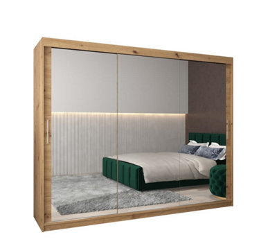 Arte Tokyo 03 Contemporary Mirrored 3 Sliding Door Wardrobe 9 Shelves 2 Rails Oak Artisan Effect (H)2000mm (W)2500mm (D)620mm - image 1
