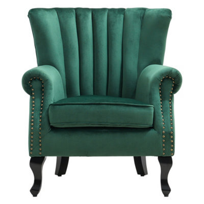 Living And Home Green Velvet Wing Back Armchair,upholstered Sofa Chair Vintage Channel Accent Chair With Wooden Legs