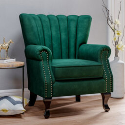 Living And Home Green Velvet Wing Back Armchair,upholstered Sofa Chair Vintage Channel Accent Chair With Wooden Legs - thumbnail 3