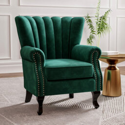 Living And Home Green Velvet Wing Back Armchair,upholstered Sofa Chair Vintage Channel Accent Chair With Wooden Legs - thumbnail 2