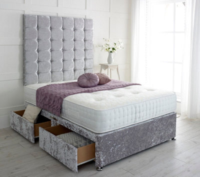 "Adore Designs Cubed Crushed Velvet Divan Bed, With Pocket Mattress & 36"" Headboard - 6Ft Super King - Silver - 4 Drawers"