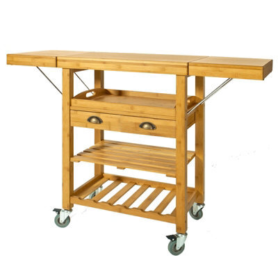 Sobuy Fkw25-N, Extendable Bamboo Kitchen Trolley Cart With 2 Folding Hinged Side Boards, W124.5Xd40Xh92.5 - image 1
