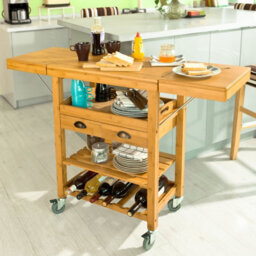 Sobuy Fkw25-N, Extendable Bamboo Kitchen Trolley Cart With 2 Folding Hinged Side Boards, W124.5Xd40Xh92.5 - thumbnail 2