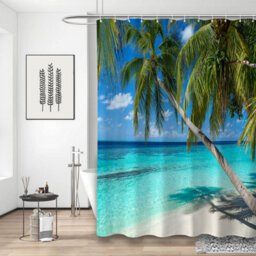 Neel Blue Ocean Beach Shower Curtain, Polyester Fabric Bathroom Curtain With 12 Hooks - 180X180Cm